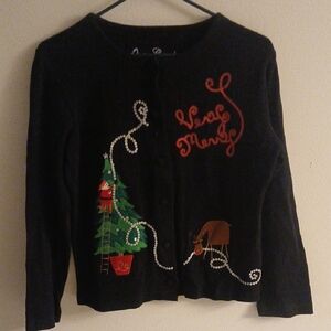 Onque Casuals Black Holiday Cardigan with Festive Design